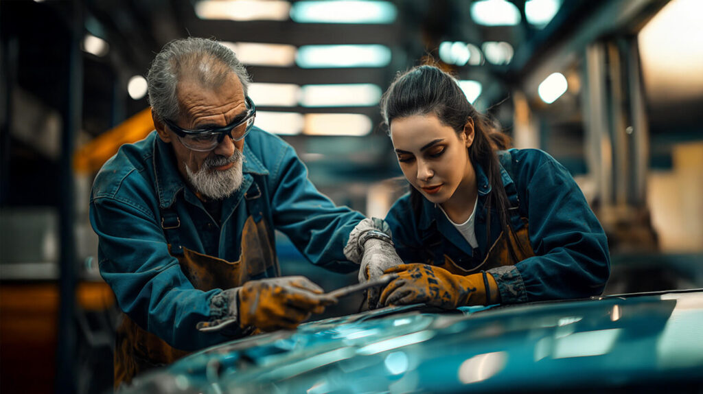 Two mechanics training to pull a dented car panel