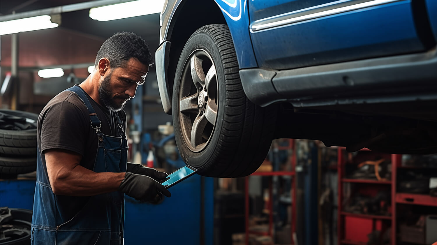Featured-Blog Auto mechanic with tablet assessing vehicle on lift